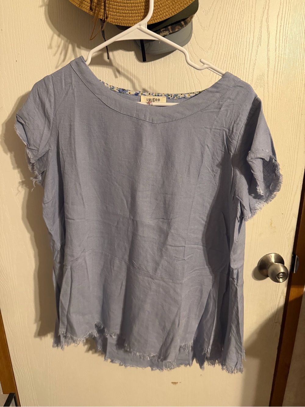 NWT Umgee Dusty Blue Linen Blend Raw Hem Short Sleeve Boho Top size S